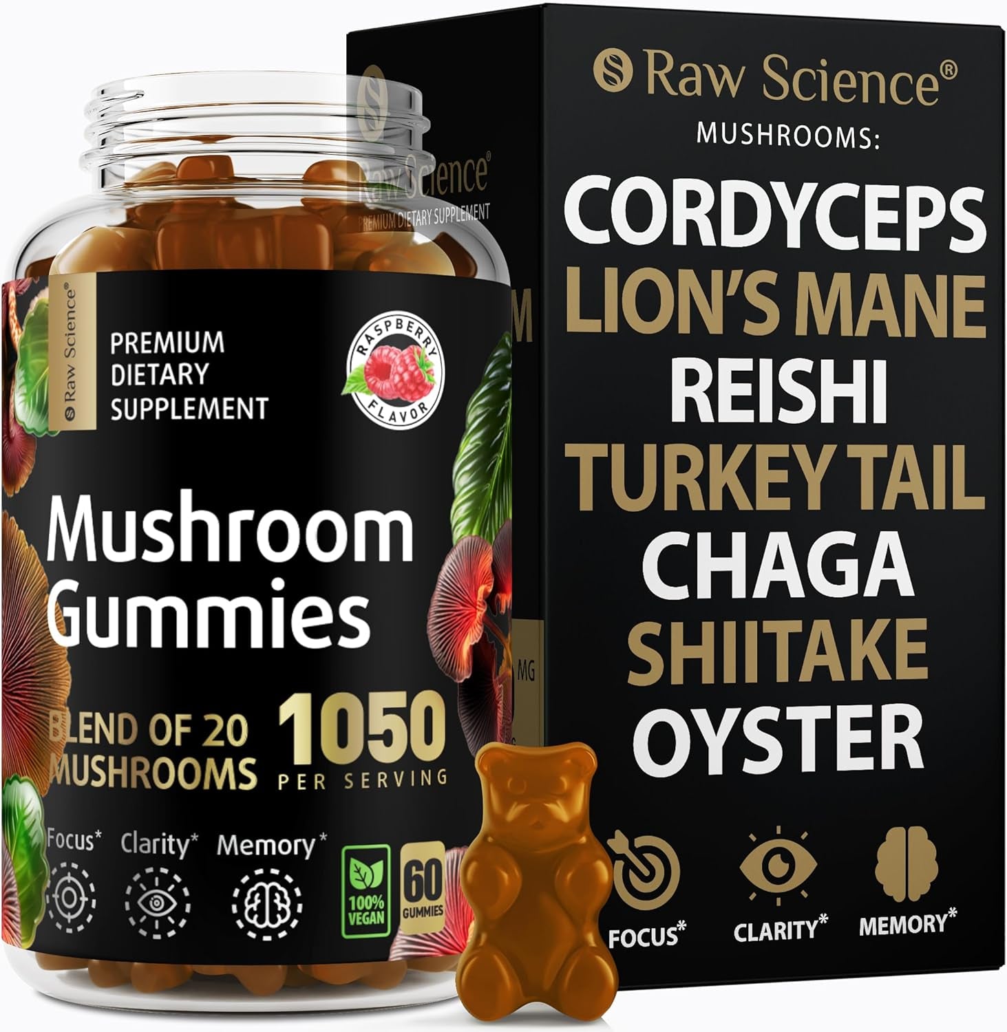 Mushroom Complex Gummies with Lion'S Mane, Nootropic Brain Supplements for Memory & Focus: Lions Mane, Cordyceps, Shiitake, Turkey Tail, Reishi, Chaga, Enoki, Oyster Mushrooms, Immune Support 60 Units