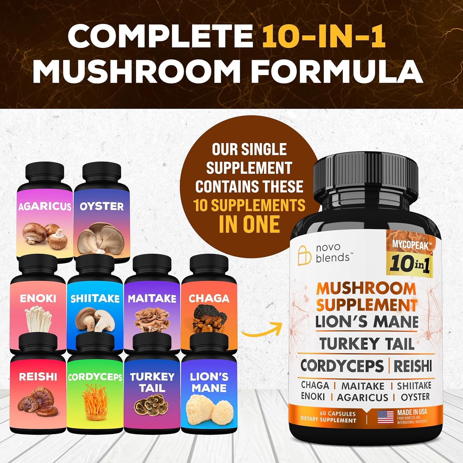 Mushroom Supplement 10X Complex - Lions Mane, Turkey Tail, Cordyceps, Reishi, Chaga, Maitake, Shiitake, Oyster Extract Mushrooms - Nootropic Brain Support Supplements for Memory and Focus