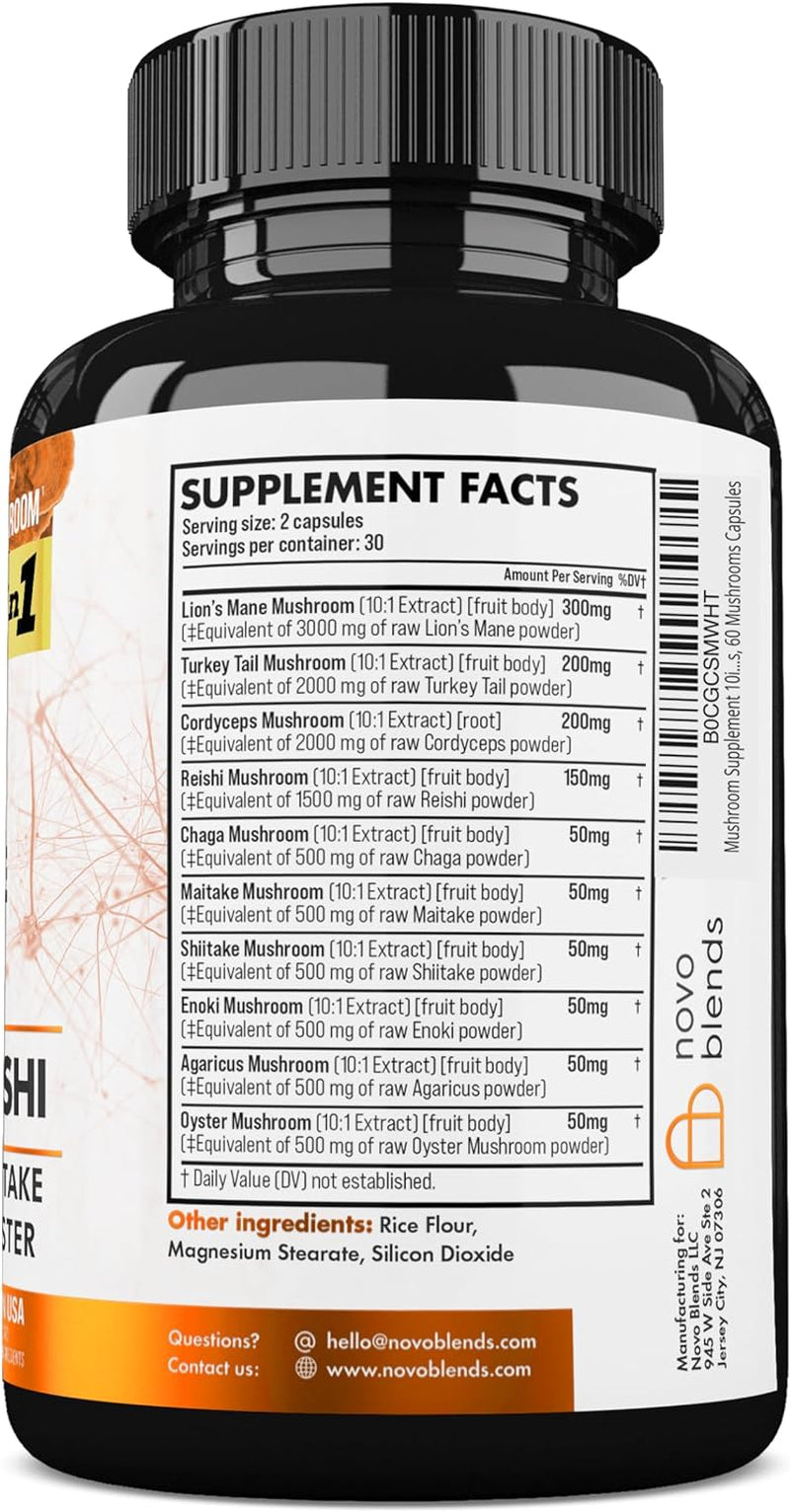 Mushroom Supplement 10X Complex - Lions Mane, Turkey Tail, Cordyceps, Reishi, Chaga, Maitake, Shiitake, Oyster Extract Mushrooms - Nootropic Brain Support Supplements for Memory and Focus