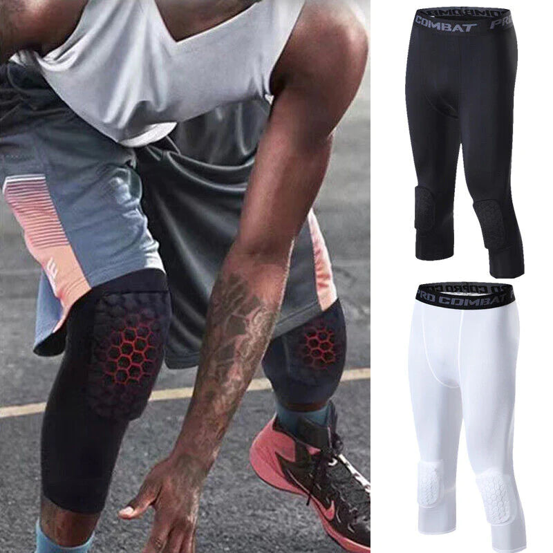 Men'S Basketball Sports Tight Pants 3/4 Compression Workout Leggings Knee Pads