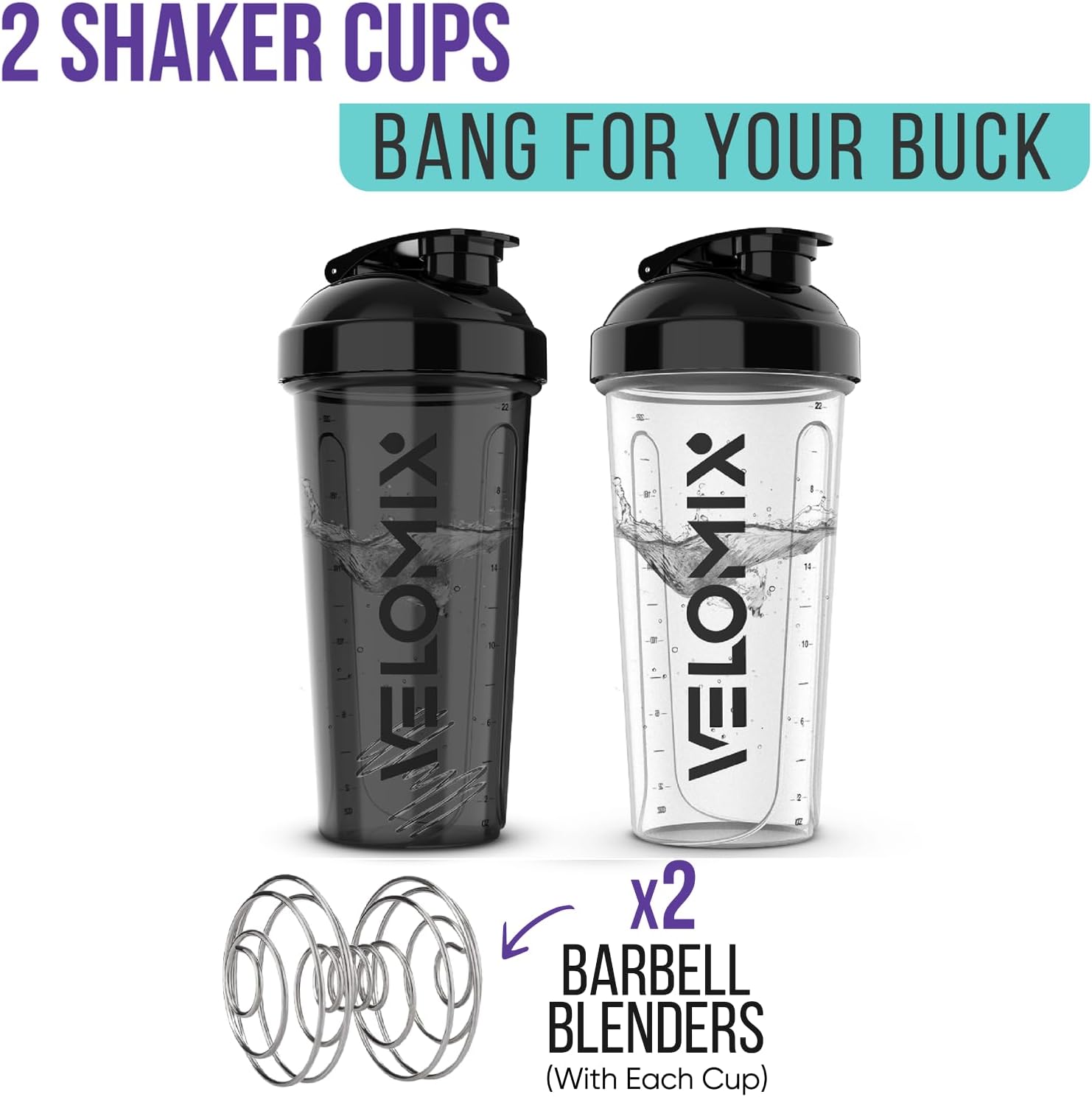 -2 Pack- 28 Oz Protein Shaker Bottles for Protein Mixes - 2X Wire Whisk | Leak Proof Shaker Cups for Protein Shakes | Protein Shaker Bottle Pack | Shakers for Protein Shakes-Black&Transparent