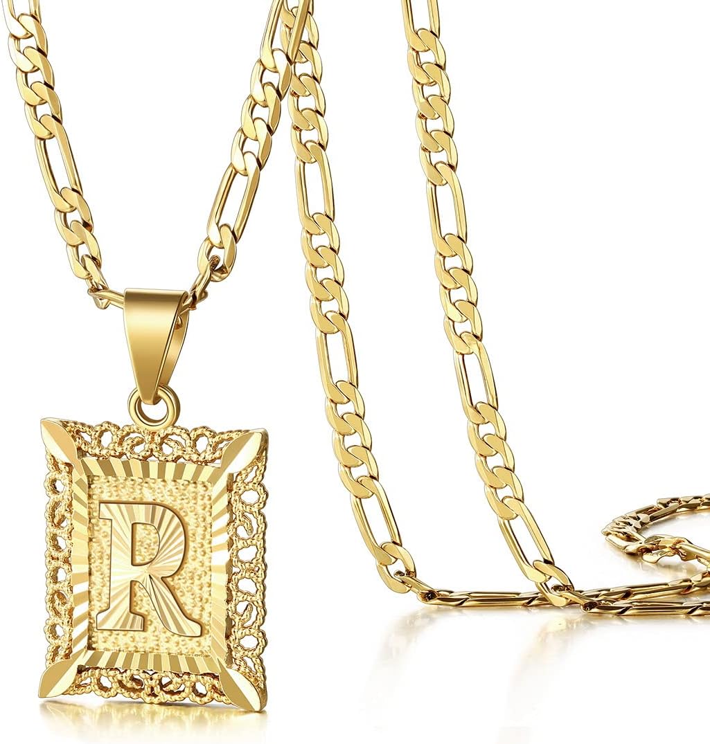 Initial Letter Pendant Necklace for Men Womens, 18K Gold Plated Square Capital Monogram Necklace Alhpabets from A-Z Figaro Chain Necklace