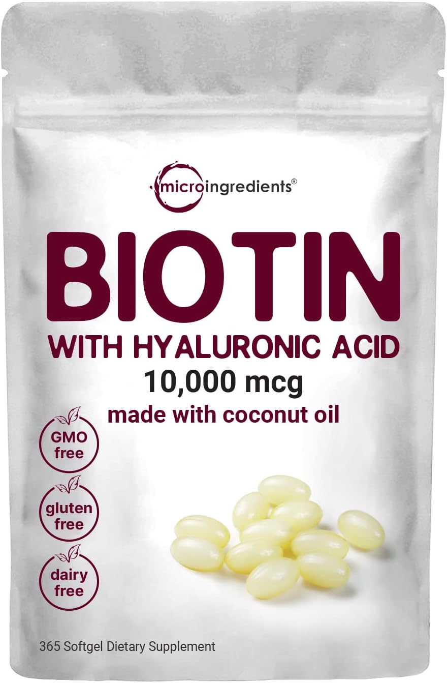 Biotin 10,000Mcg W/Hyaluronic Acid 25Mg | 365 Virgin Coconut Oil Softgels, Fast Release, One Year Supply, Supports Healthy Hair, Skin & Nails, Non-Gmo & No Gluten