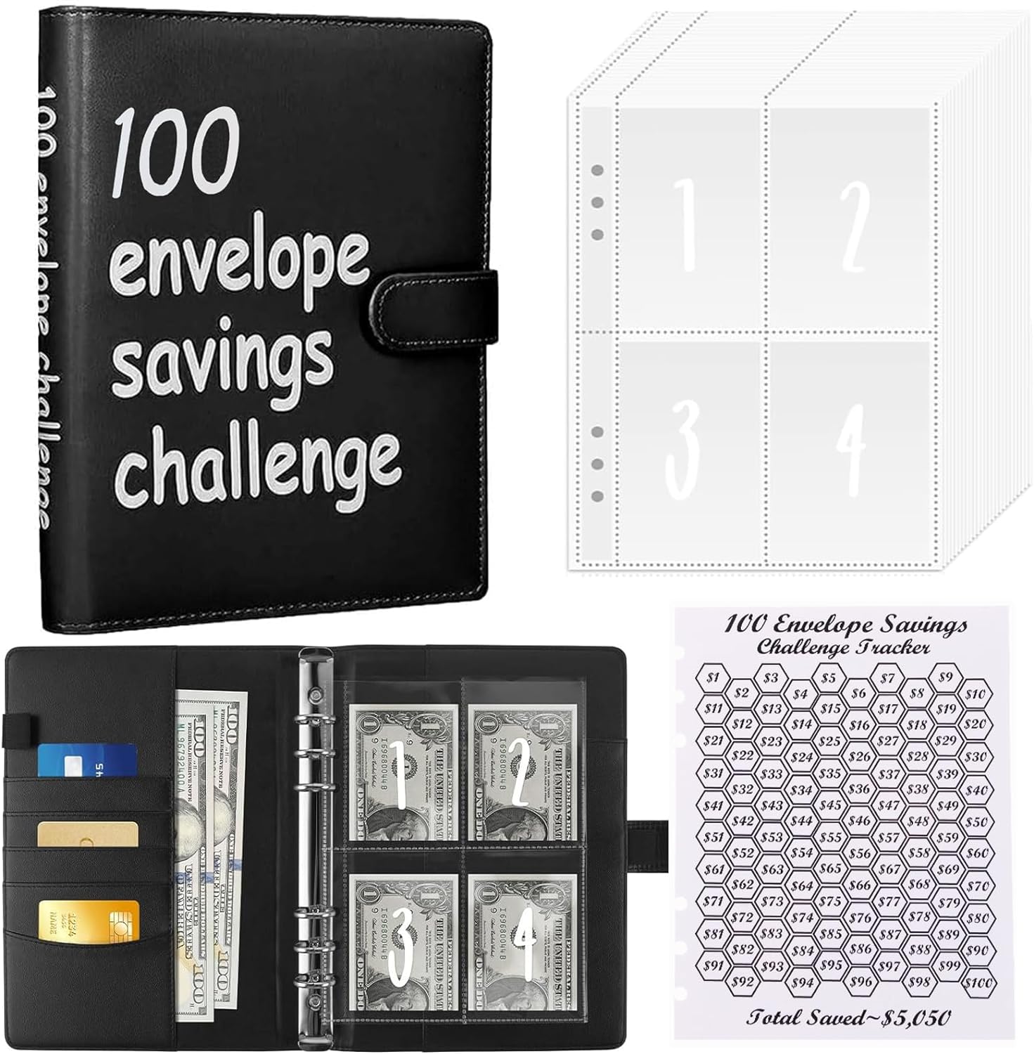 100 Envelopes Money Saving Challenge Binder, Reusable Budget Binder Kit, A5 Savings Challenges Book with Cash Envelopes & Laminated Tracker, Gifts for Women, Men, Children(Black)