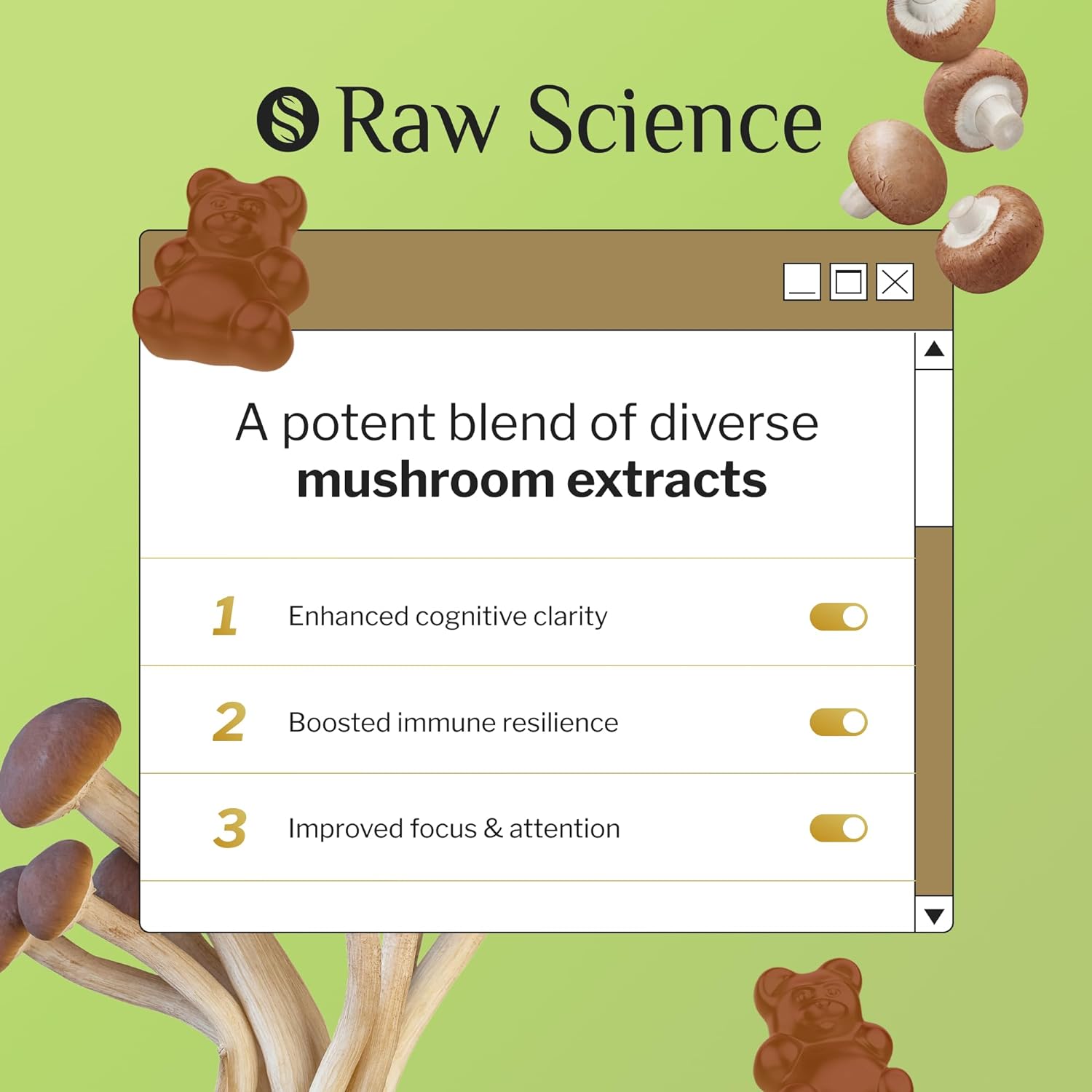 Mushroom Complex Gummies with Lion'S Mane, Nootropic Brain Supplements for Memory & Focus: Lions Mane, Cordyceps, Shiitake, Turkey Tail, Reishi, Chaga, Enoki, Oyster Mushrooms, Immune Support 60 Units