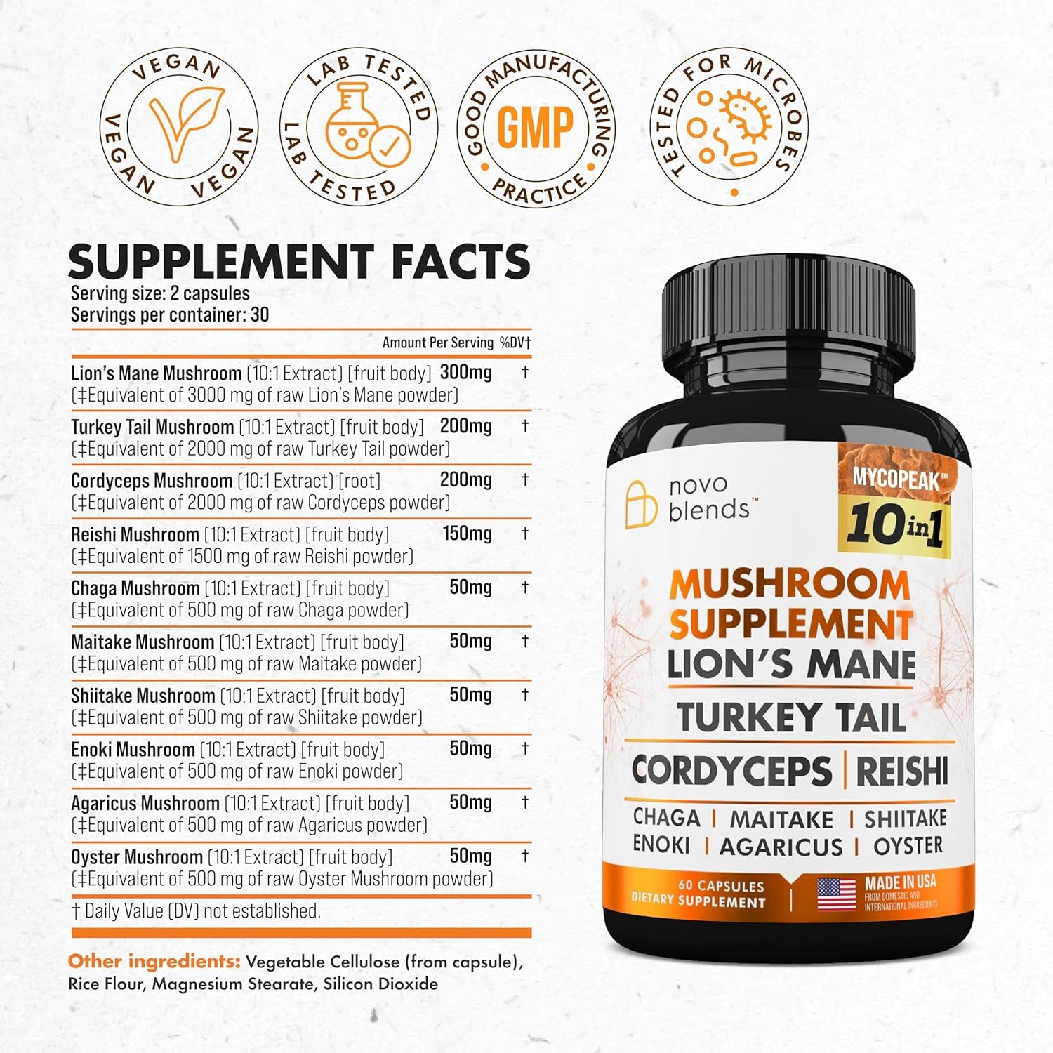 Mushroom Supplement 10X Complex - Lions Mane, Turkey Tail, Cordyceps, Reishi, Chaga, Maitake, Shiitake, Oyster Extract Mushrooms - Nootropic Brain Support Supplements for Memory and Focus