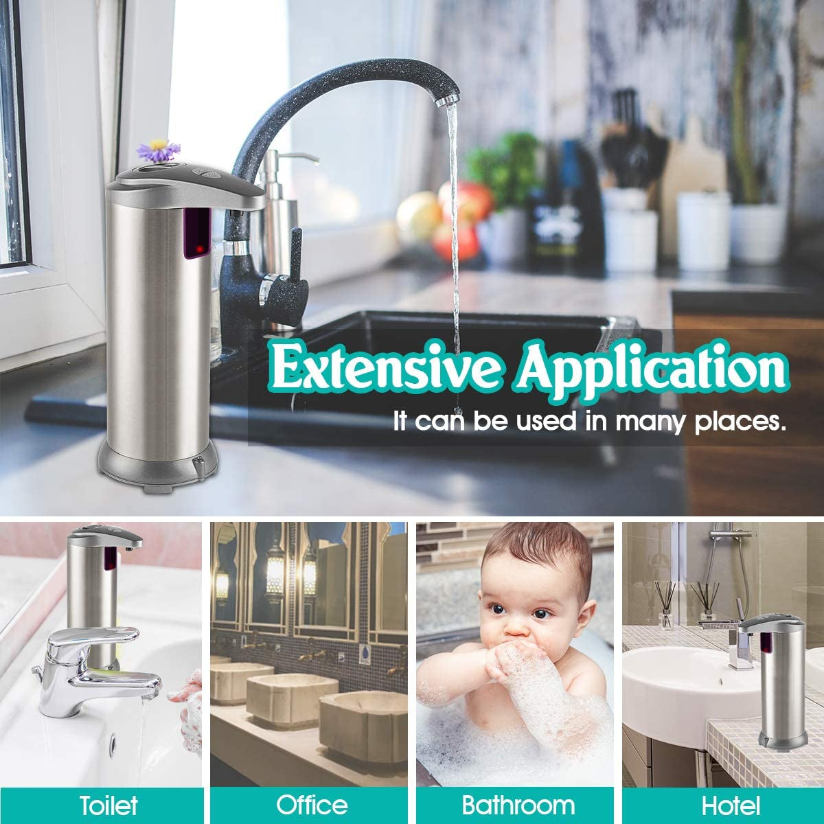 Automatic Soap Dispenser, Touchless Soap Dispenser with Infrared Motion Sensor Waterproof Base Stainless Steel Soap Dispenser Suitable for Bathroom Kitchen Restaurant