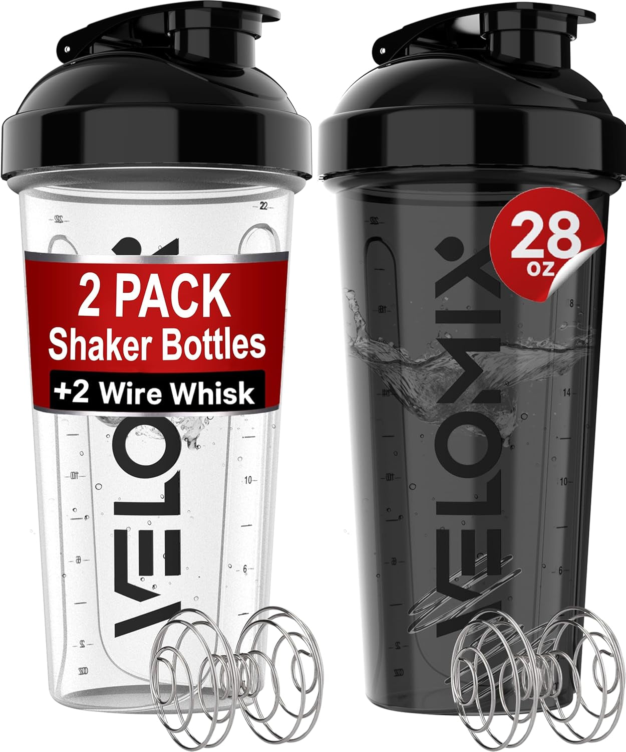 -2 Pack- 28 Oz Protein Shaker Bottles for Protein Mixes - 2X Wire Whisk | Leak Proof Shaker Cups for Protein Shakes | Protein Shaker Bottle Pack | Shakers for Protein Shakes-Black&Transparent