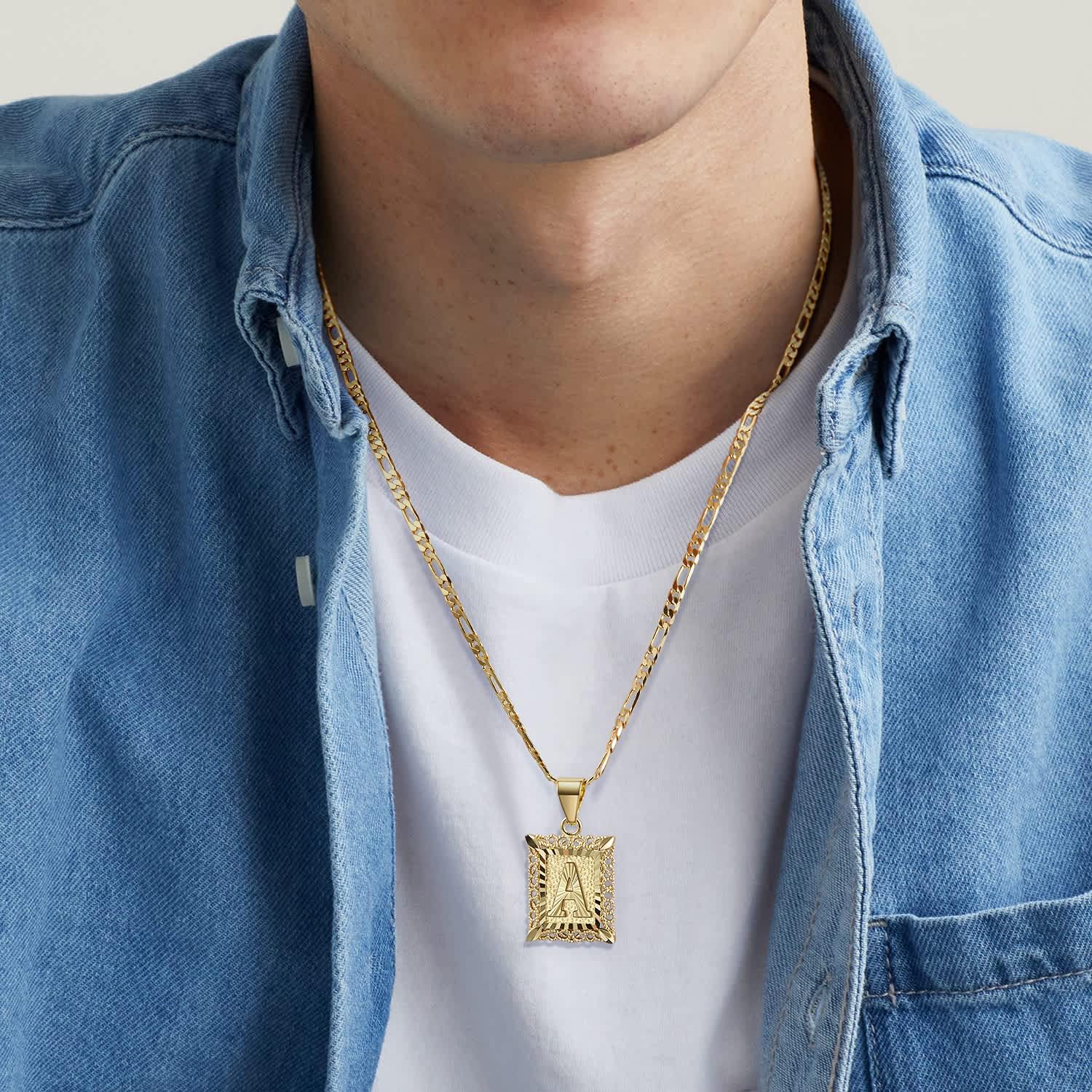 Initial Letter Pendant Necklace for Men Womens, 18K Gold Plated Square Capital Monogram Necklace Alhpabets from A-Z Figaro Chain Necklace