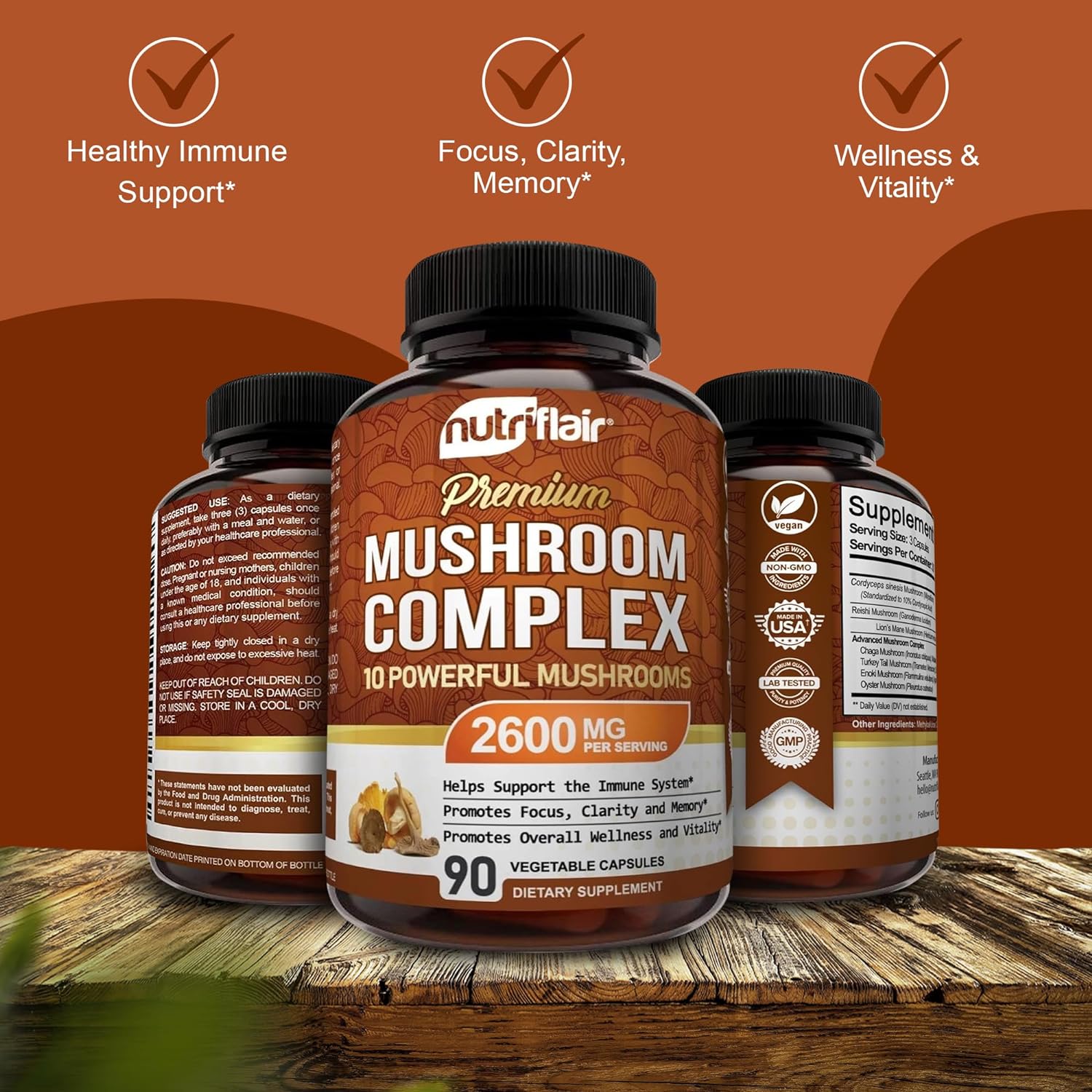 Mushroom Supplement 2600Mg, 90 Capsules - 10 Mushrooms Blend - Reishi, Lions Mane, Cordyceps, Chaga, Turkey Tail, Maitake, Shiitake, Oyster Nootropic Complex - Brain, Energy, Focus Pills