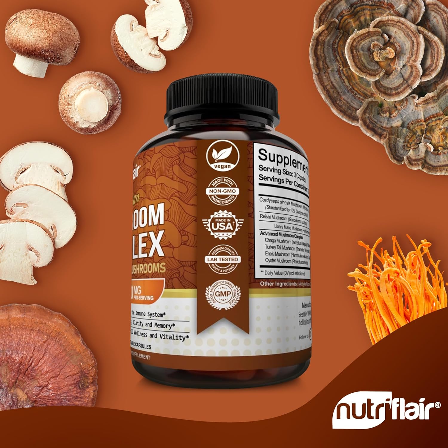 Mushroom Supplement 2600Mg, 90 Capsules - 10 Mushrooms Blend - Reishi, Lions Mane, Cordyceps, Chaga, Turkey Tail, Maitake, Shiitake, Oyster Nootropic Complex - Brain, Energy, Focus Pills