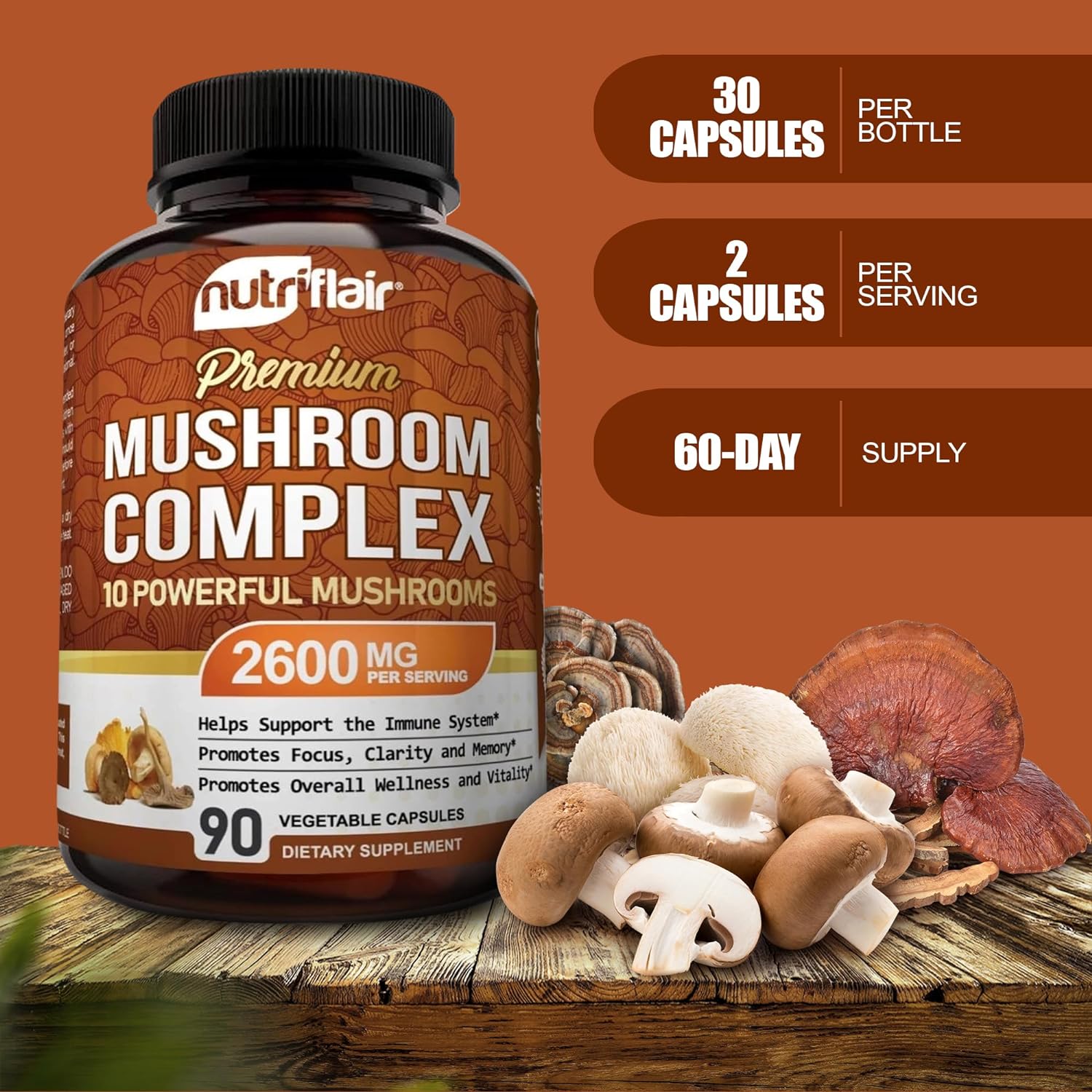 Mushroom Supplement 2600Mg, 90 Capsules - 10 Mushrooms Blend - Reishi, Lions Mane, Cordyceps, Chaga, Turkey Tail, Maitake, Shiitake, Oyster Nootropic Complex - Brain, Energy, Focus Pills