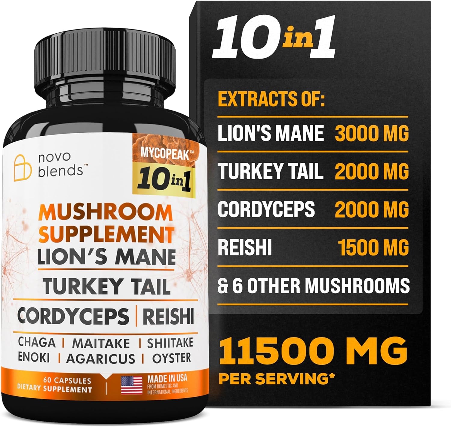 Mushroom Supplement 10X Complex - Lions Mane, Turkey Tail, Cordyceps, Reishi, Chaga, Maitake, Shiitake, Oyster Extract Mushrooms - Nootropic Brain Support Supplements for Memory and Focus