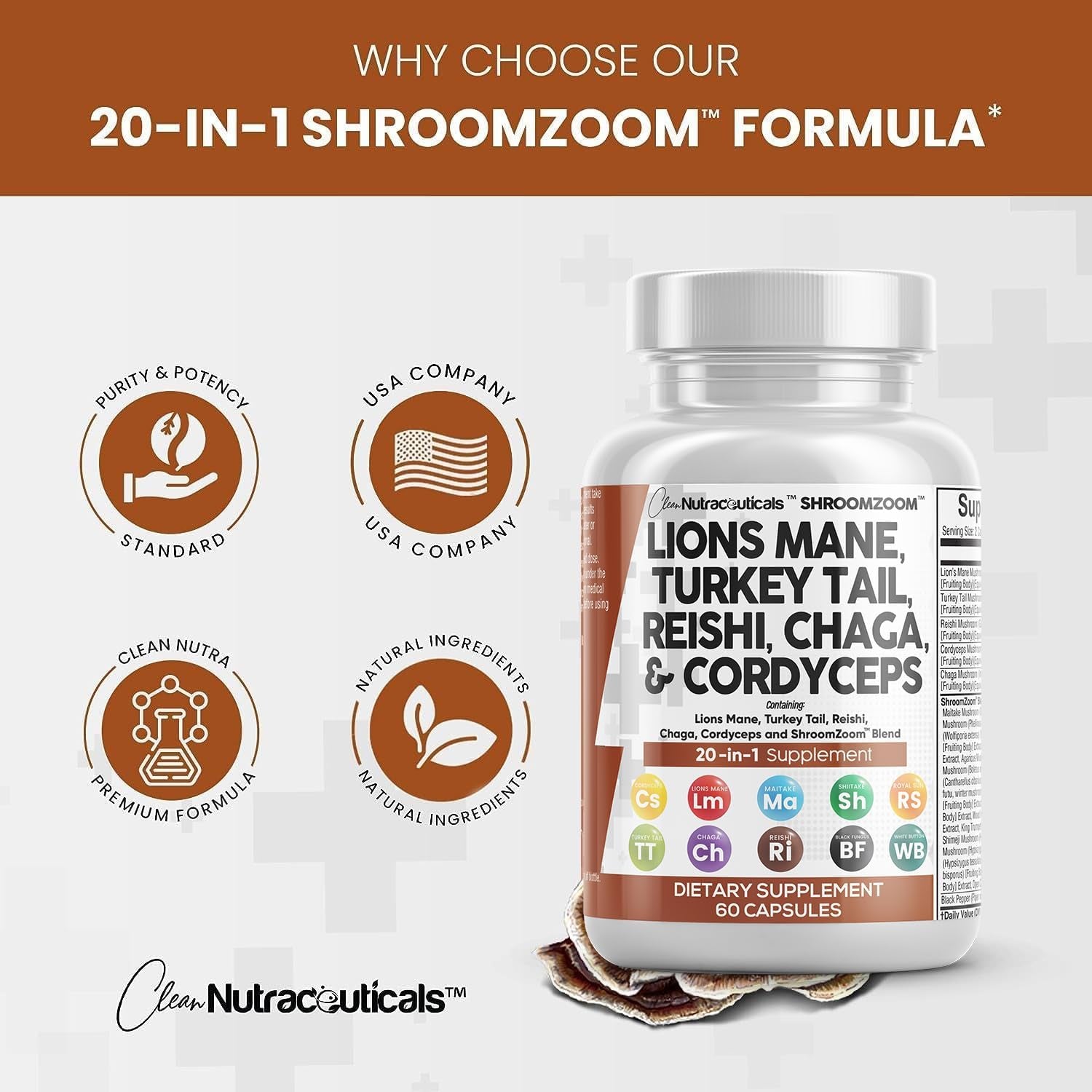 Lions Mane 3000Mg 20In1 Mushroom Supplement with Turkey Tail 2000Mg Reishi 1000Mg Cordyceps Chaga 1000Mg Maitake Meshima Poria Cocos Shiitake Oyster Porcini Enoki 60 Count