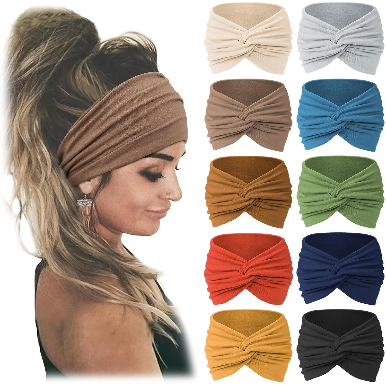 10 PCS Women Headbands African Wide Hair Wrap Extra Turban Head Bands for Lady Large Sport Workout Stretch Non-Slip Big Hair Bands