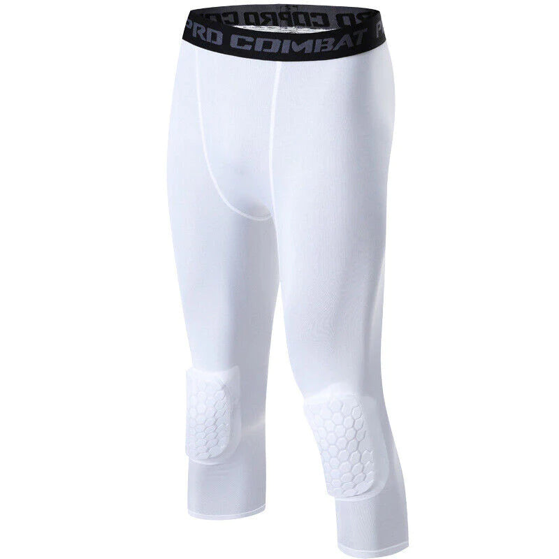 Men'S Basketball Sports Tight Pants 3/4 Compression Workout Leggings Knee Pads