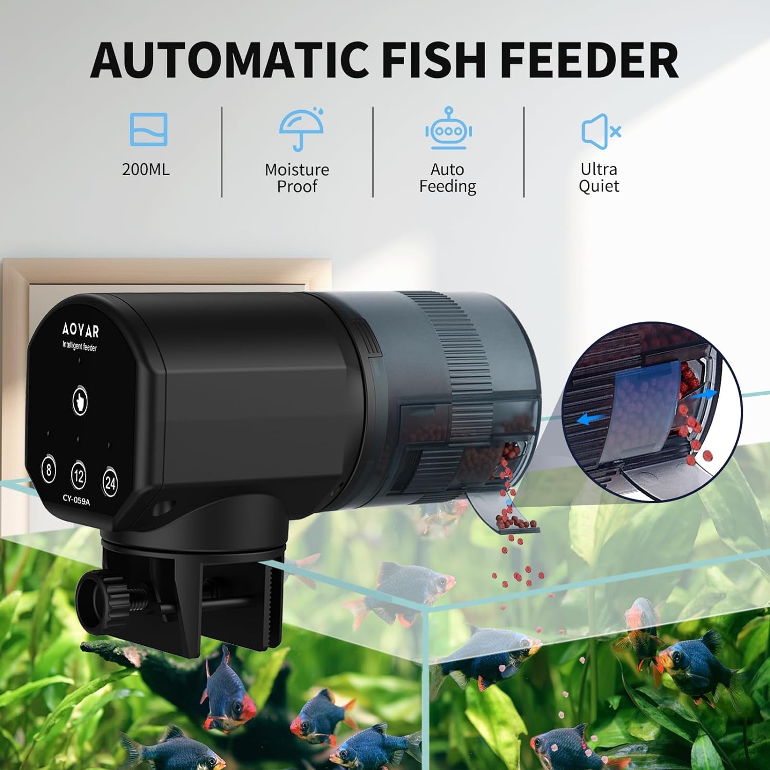 Automatic Fish Feeder Dispenser for Aquarium: 200Ml Large Capacity Auto Feeders for Small Tank Turtle Betta Koi - Battery Food Feeding Timer for Flakes Pellet Vacation Weekend Day