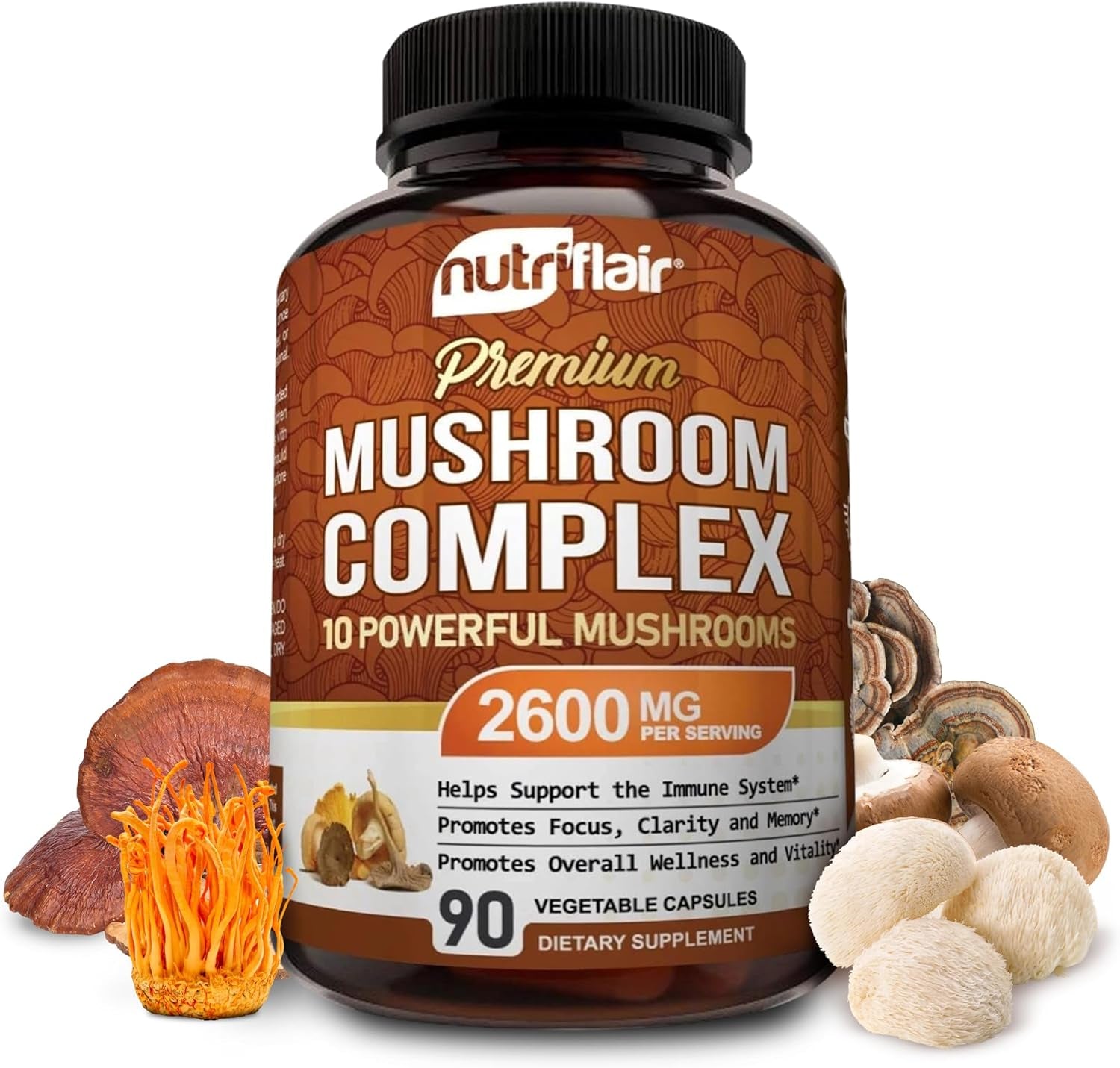 Mushroom Supplement 2600Mg, 90 Capsules - 10 Mushrooms Blend - Reishi, Lions Mane, Cordyceps, Chaga, Turkey Tail, Maitake, Shiitake, Oyster Nootropic Complex - Brain, Energy, Focus Pills