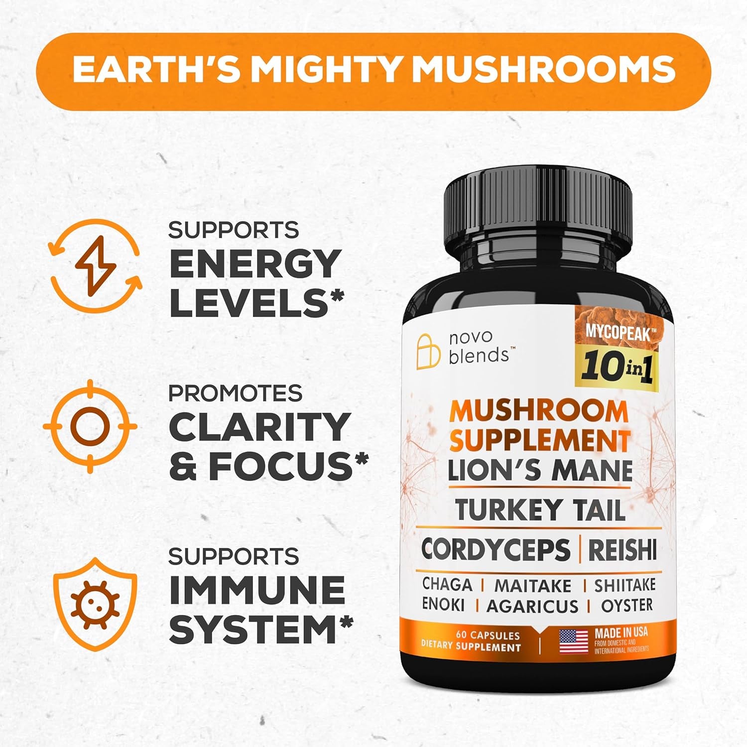 Mushroom Supplement 10X Complex - Lions Mane, Turkey Tail, Cordyceps, Reishi, Chaga, Maitake, Shiitake, Oyster Extract Mushrooms - Nootropic Brain Support Supplements for Memory and Focus